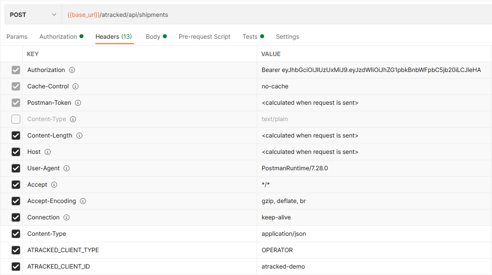 Screenshot of shipment creation request